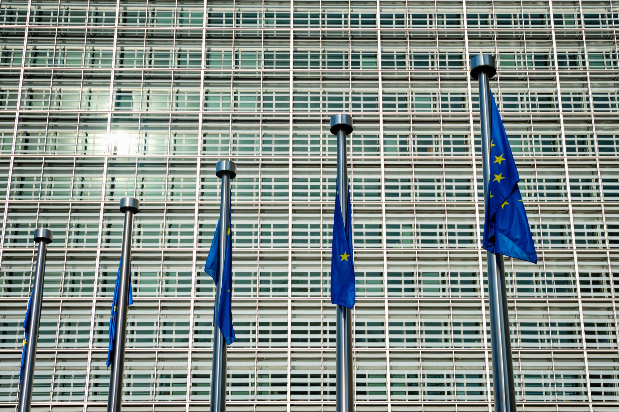 European Union flags in front of a modern glass government building